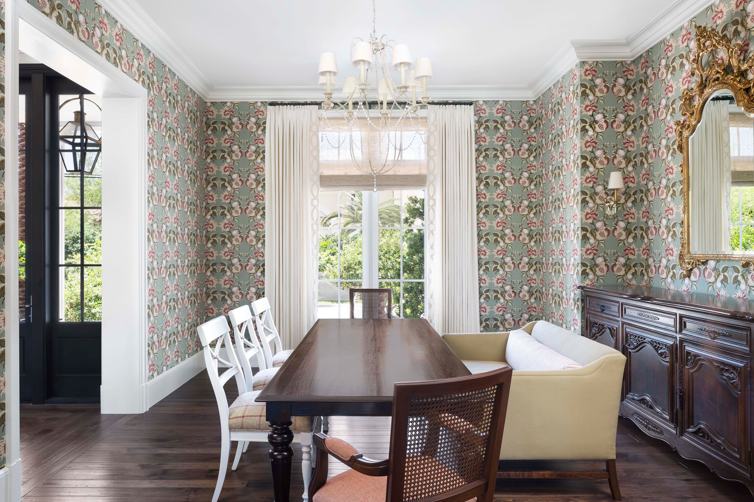 Dining room with patterned walls