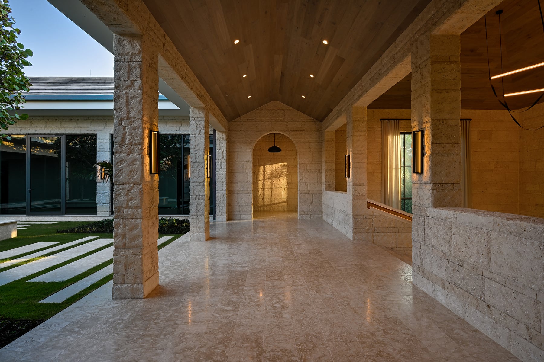A stone loggia at dusk