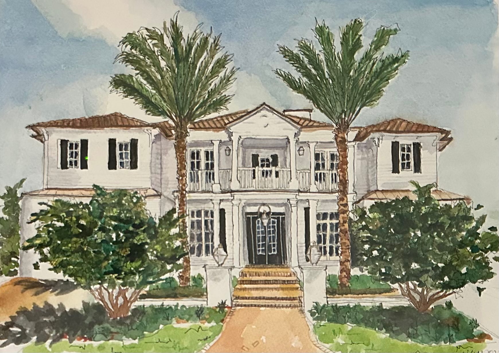 Watercolor study of a Bluedoor home